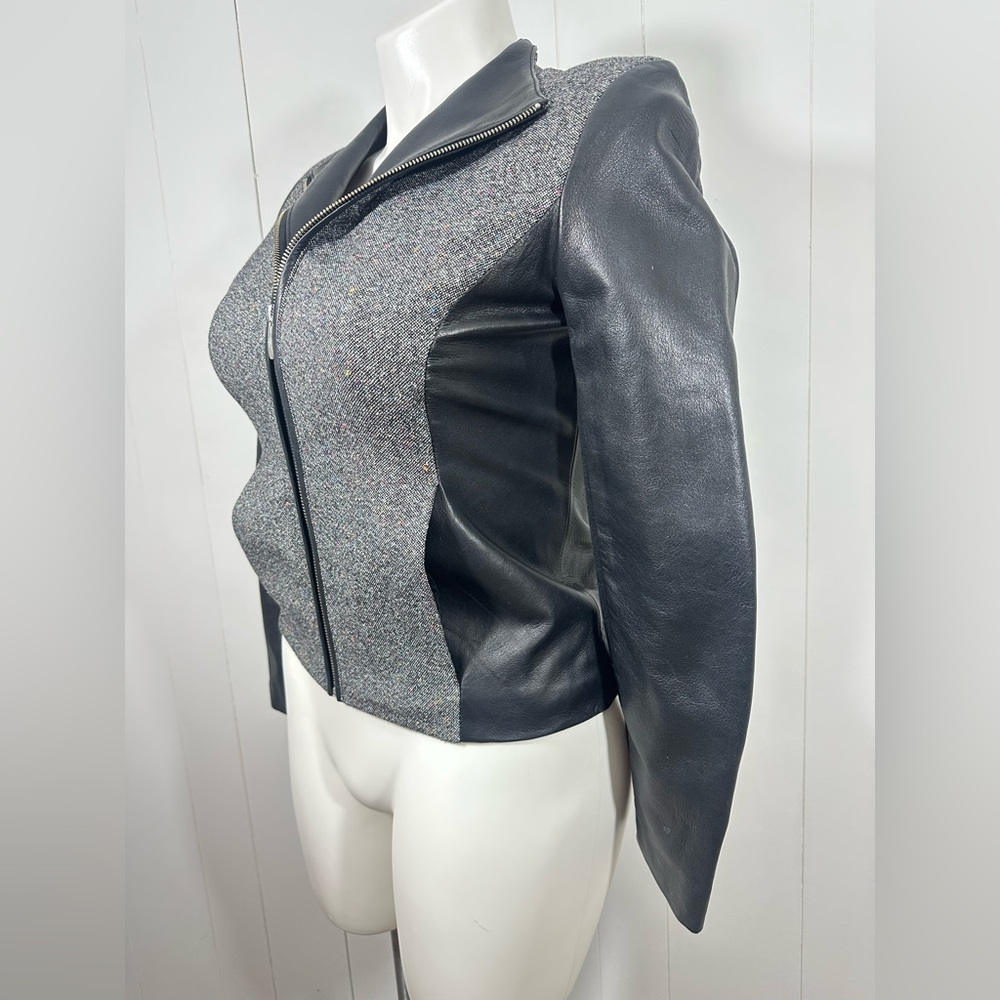 Cole Haan Sz 10 Gray Black Lambskin Leather Wool Blend Tweed Full Zip Jacket - Picture 6 of 14